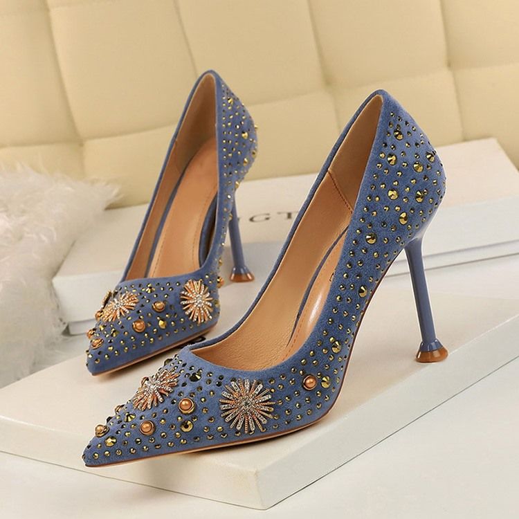 Sapatos Femininos De Salto Agulha Com Ponta Fina E Strass Simples E Finos