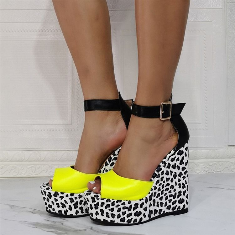 Sapatos Finos Femininos Com Salto Em Cunha Peep Toe Fivela Leopardo