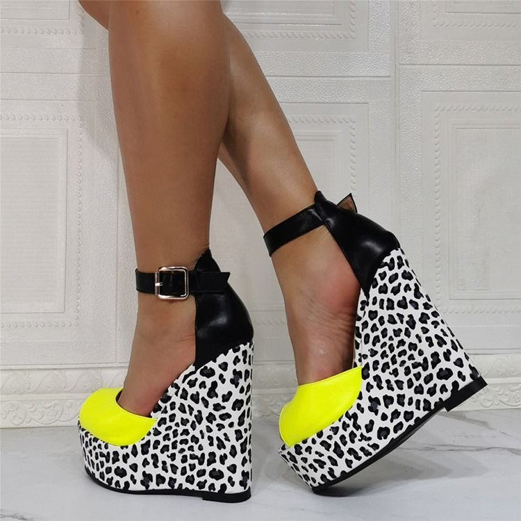 Sapatos Finos Femininos Com Salto Em Cunha Peep Toe Fivela Leopardo