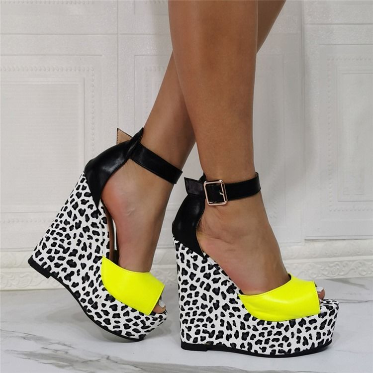 Sapatos Finos Femininos Com Salto Em Cunha Peep Toe Fivela Leopardo