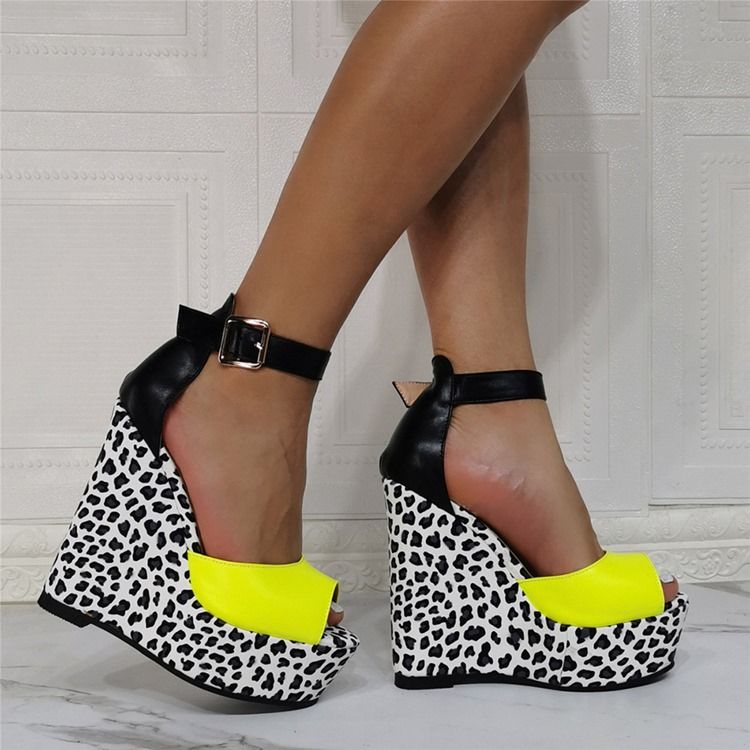 Sapatos Finos Femininos Com Salto Em Cunha Peep Toe Fivela Leopardo