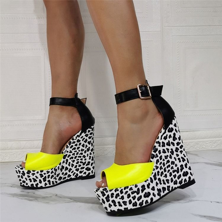 Sapatos Finos Femininos Com Salto Em Cunha Peep Toe Fivela Leopardo