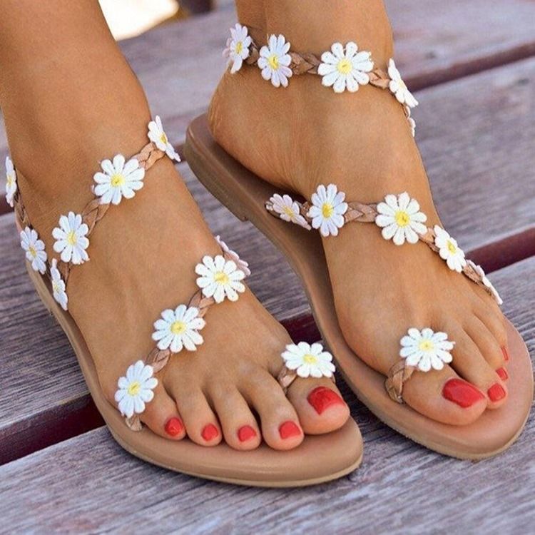 Toe Ring Flat Com Sandálias Florais Femininas