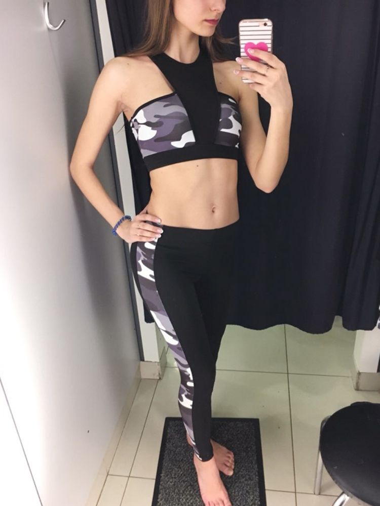 Pulôver Feminino Estampado Camuflagem Anti-suor Conjuntos De Esportes Para Ioga